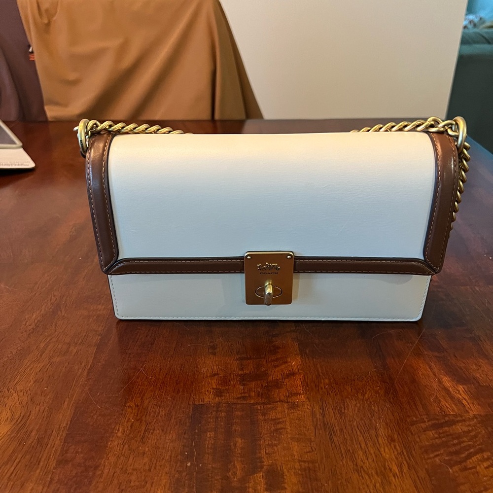 Coach Cream and Tan Leather Shoulder Bag with Gold Chain